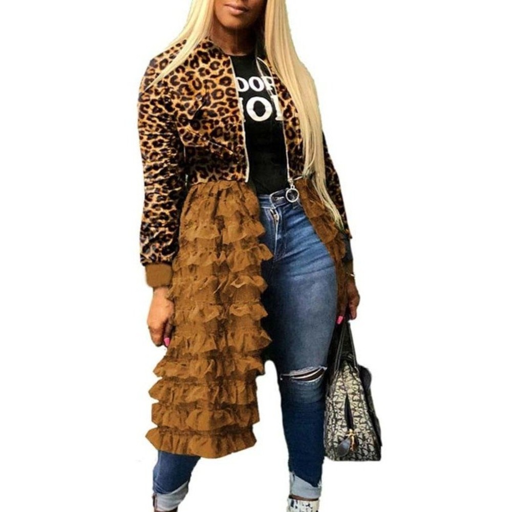 Bomber Jacket Dress Women Small Leopard Brown New Tulle Tiered Ruffle Zip Up